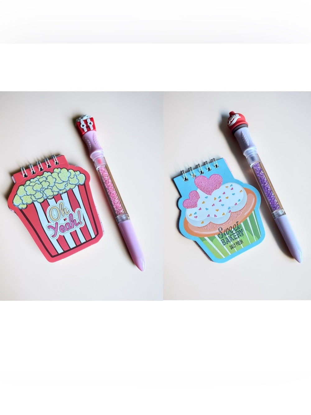 Cute Popcorn & Cupcake Mini Notepads with Pink Glitter Pens
